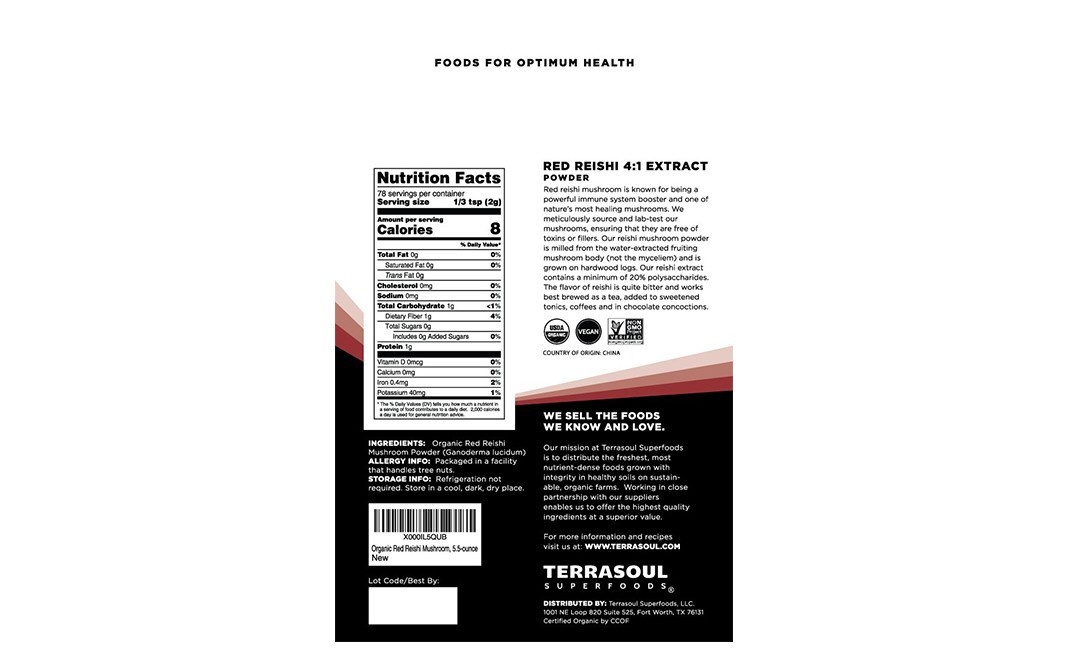 Terrasoul Superfoods Red Reishi Mushroom Powder    Pack  156 grams